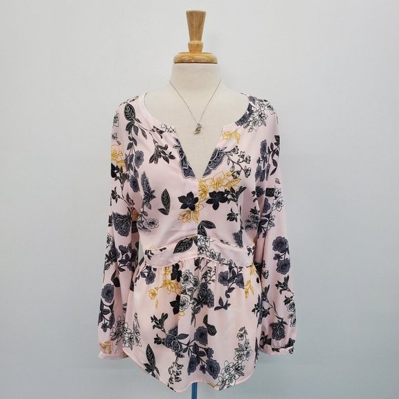 LOFT Tops - LOFT Plus Womens Pink Floral Print Long Sleeve Semi Sheer Blouse Top Size 20